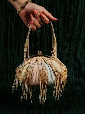 Beaded Fringe Evening Bag in Gold and Cream
